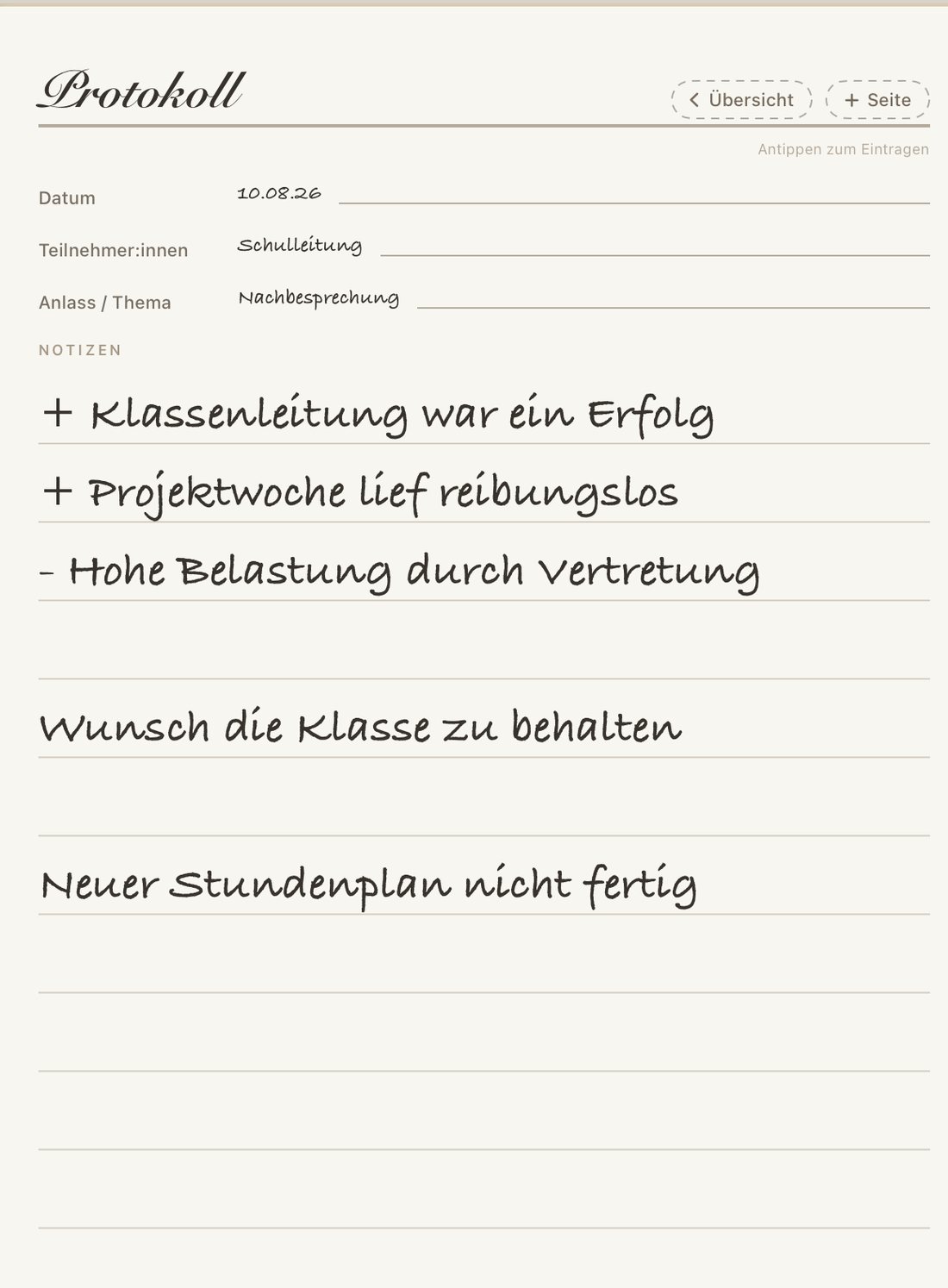 Dieselbe Protokollseite, die Handschrift in getippten Text umgewandelt.