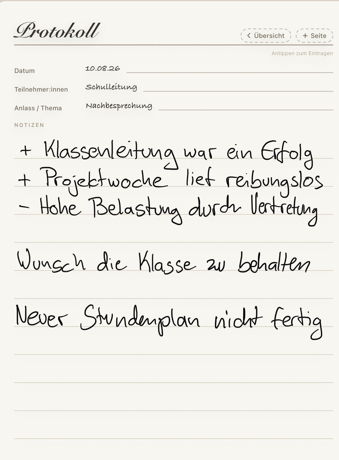 Eine handschriftlich beschriebene Protokollseite in Kalamo.