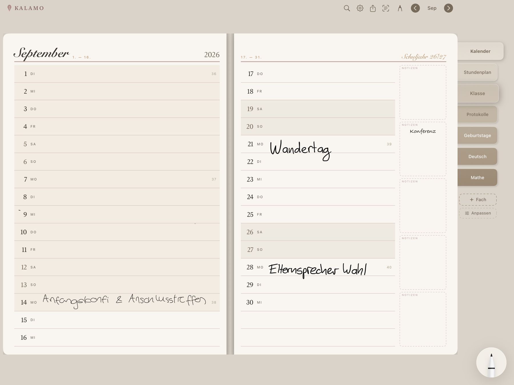 Doppelseite September 2026: links der 1. bis 16., rechts der 17. bis 31. mit handschriftlichen Einträgen und Notizspalte.
